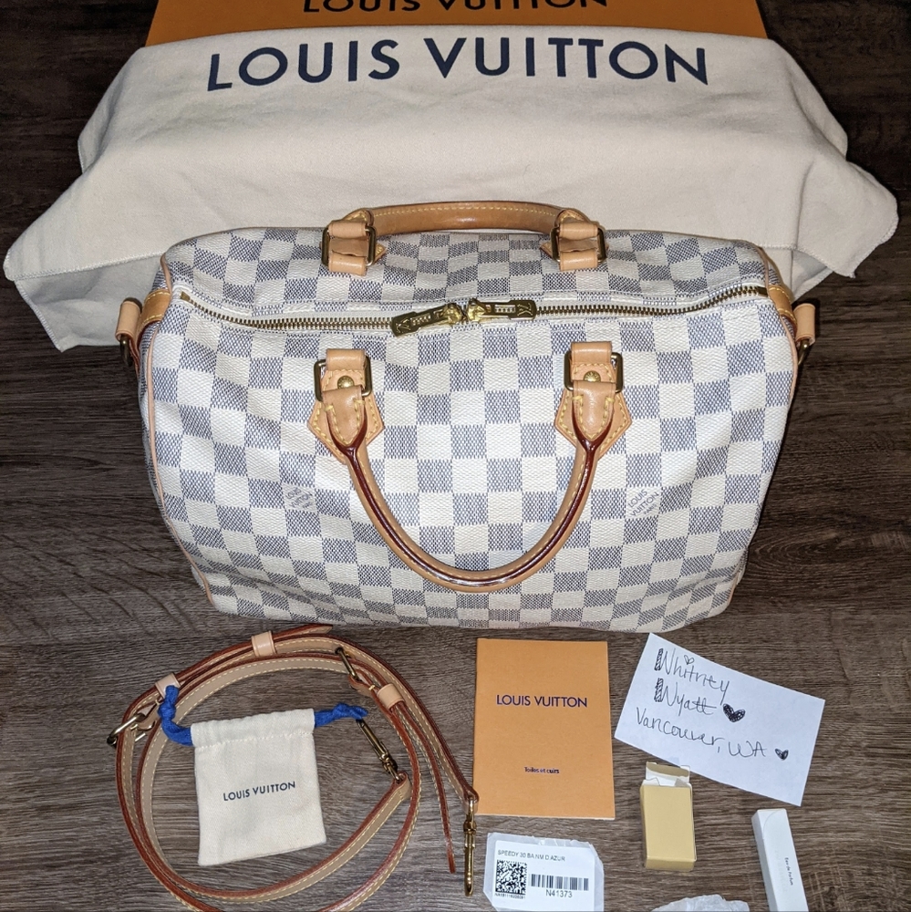Authentic Louis Vuitton Speedy 30 Bandouliere Damier Azur handbag - used